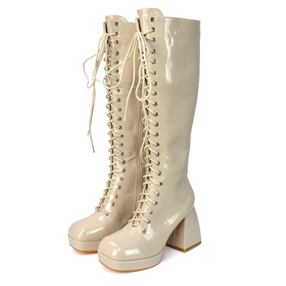 Love Square Toe Chunky Platform Sole Block Heel Knee High Long Lace up Boots in Nude Patent - Image 40