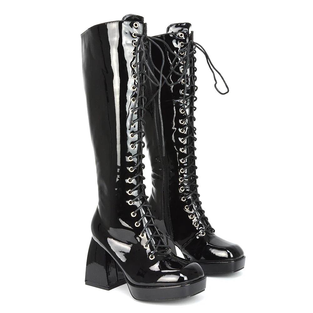 Love Square Toe Chunky Platform Sole Block Heel Knee High Long Lace up Boots in Nude Patent - Image 66