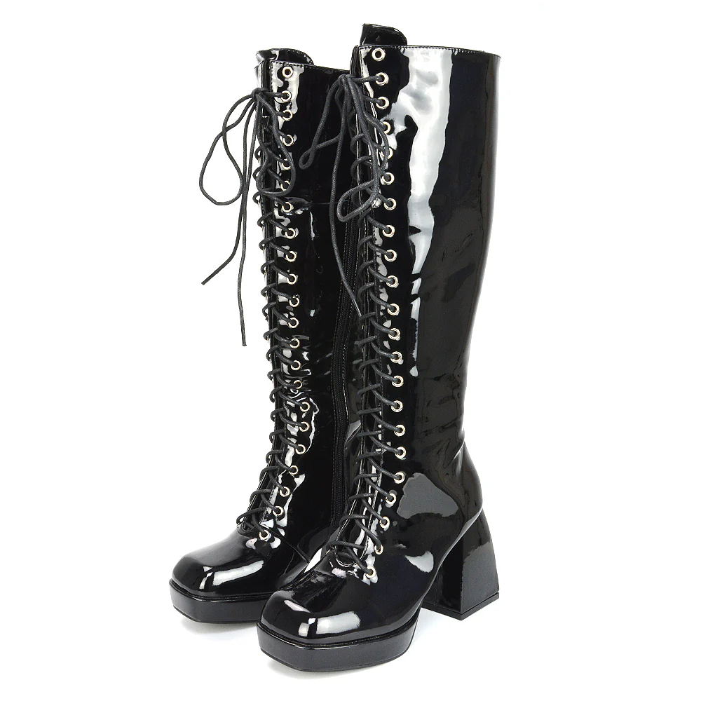 Love Square Toe Chunky Platform Sole Block Heel Knee High Long Lace up Boots in Nude Patent - Image 85
