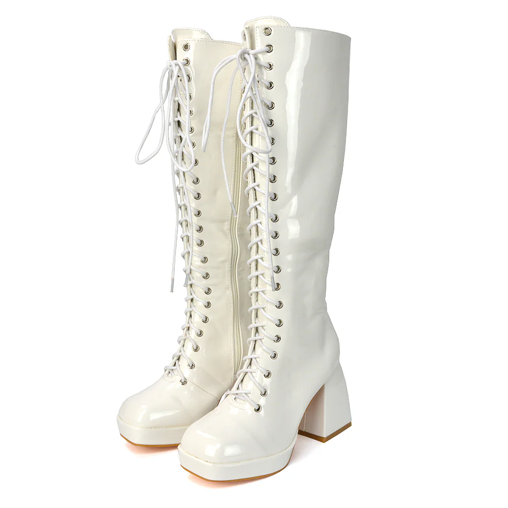 Love Square Toe Chunky Platform Sole Block Heel Knee High Long Lace up Boots in White Patent - Image 16