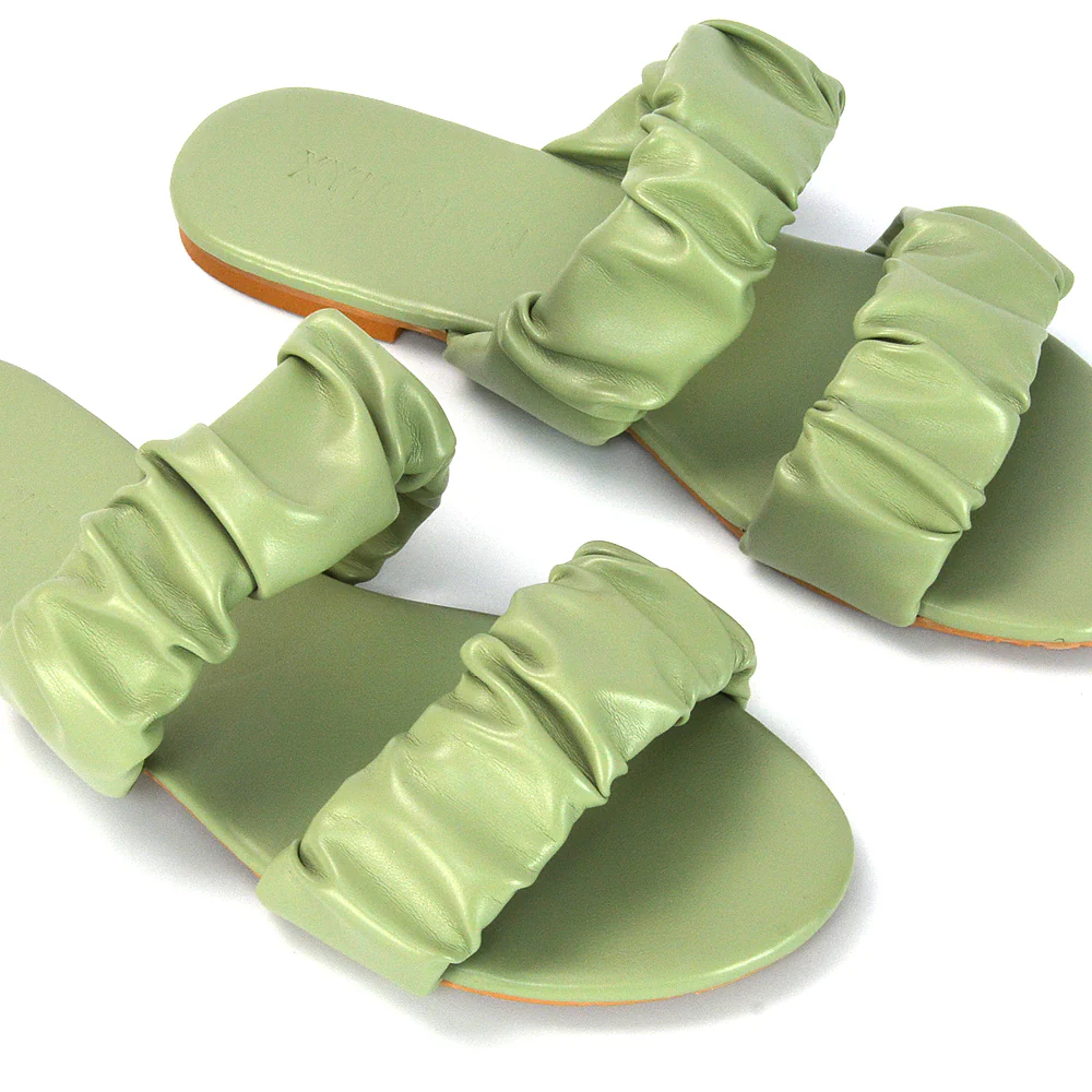 Luca Ruched Double Strap Flat Heel Slider Sandals in Mint Synthetic Leather - Image 8
