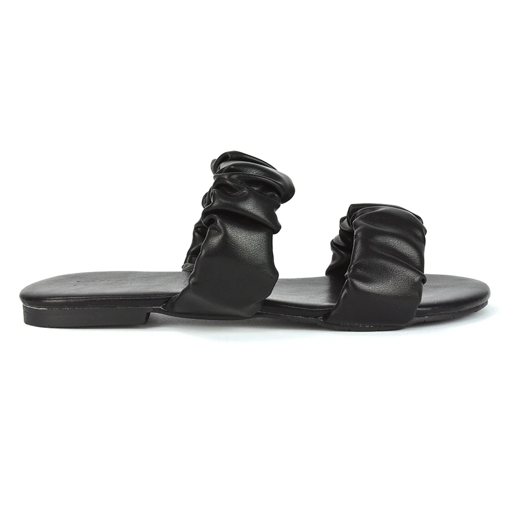 Luca Ruched Double Strap Flat Heel Slider Sandals in White Synthetic Leather - Image 103