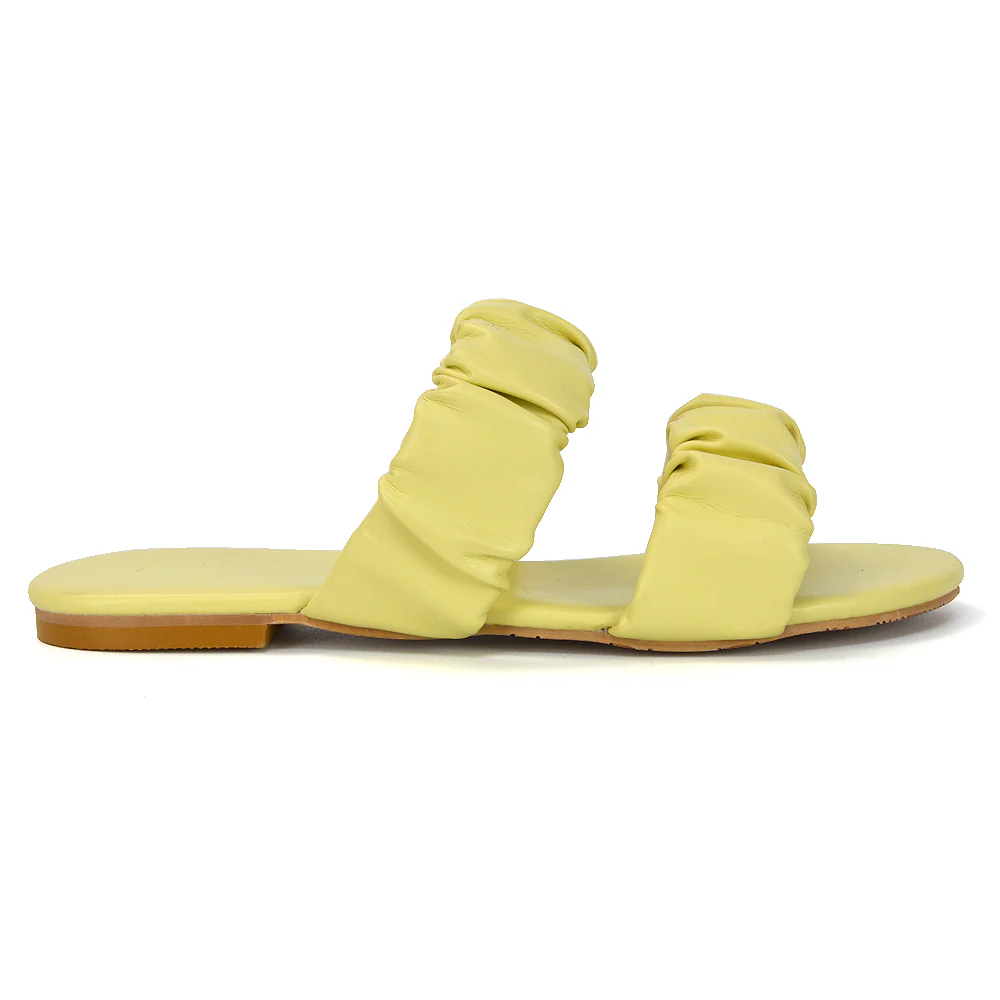 Luca Ruched Double Strap Flat Heel Slider Sandals in White Synthetic Leather - Image 68