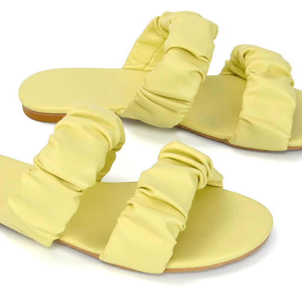 Luca Ruched Double Strap Flat Heel Slider Sandals in White Synthetic Leather - Image 87