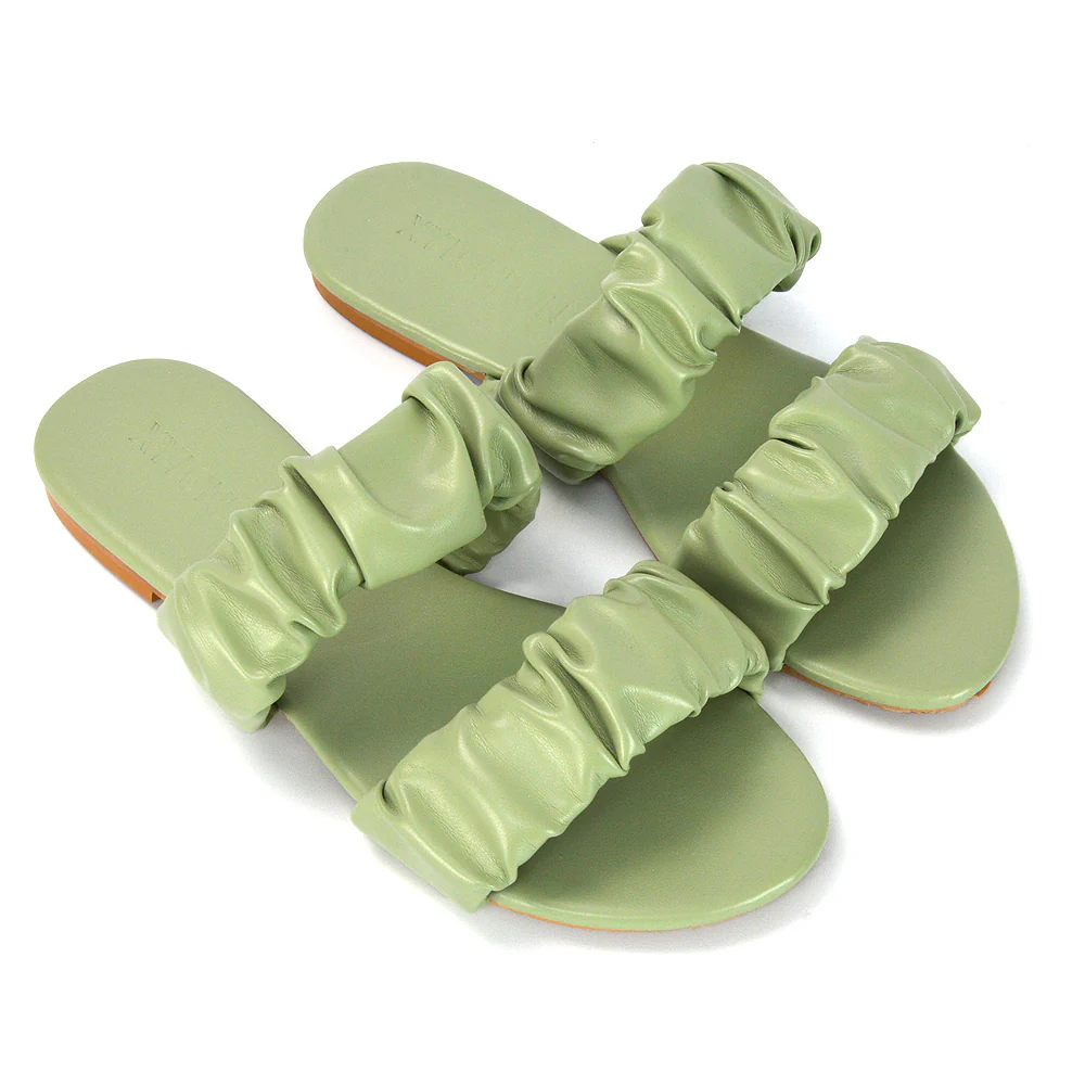 Luca Ruched Double Strap Flat Heel Slider Sandals in White Synthetic Leather - Image 9