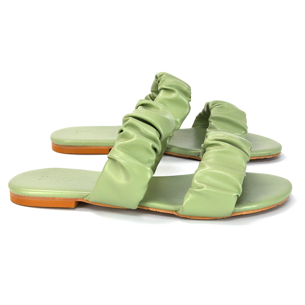 Luca Ruched Double Strap Flat Heel Slider Sandals in Yellow Synthetic Leather - Image 26