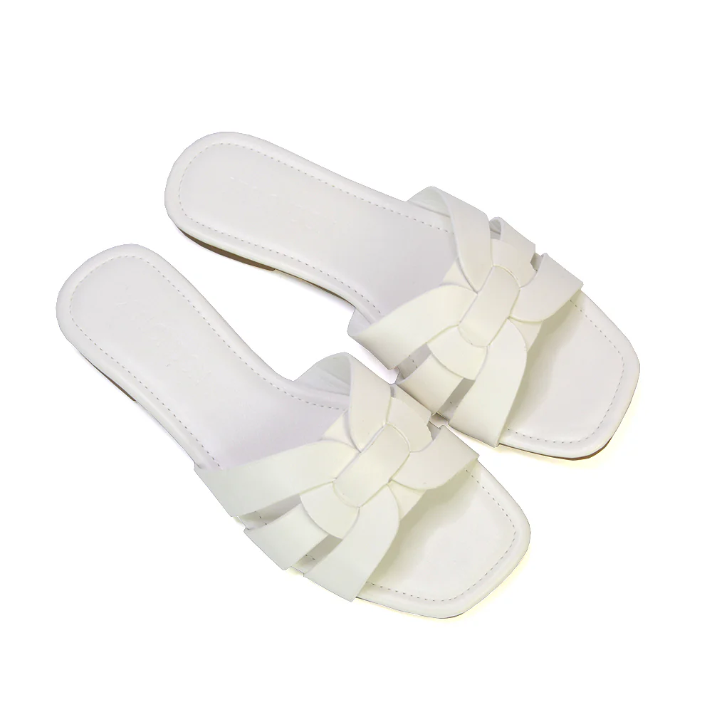Luci Square Toe Strappy Slip On Flat Summer Holiday Sandals in Black - Image 59