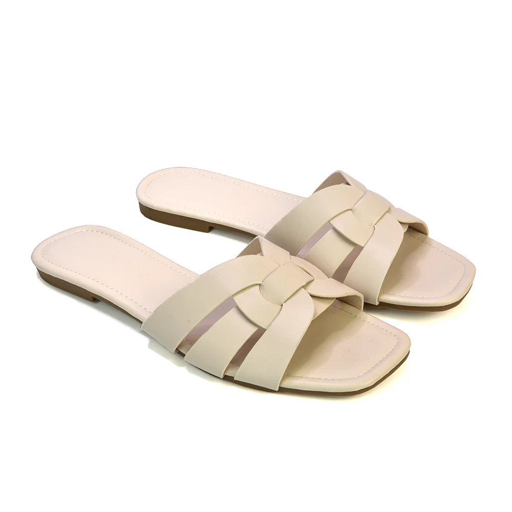 Luci Square Toe Strappy Slip On Flat Summer Holiday Sandals in Black - Image 76