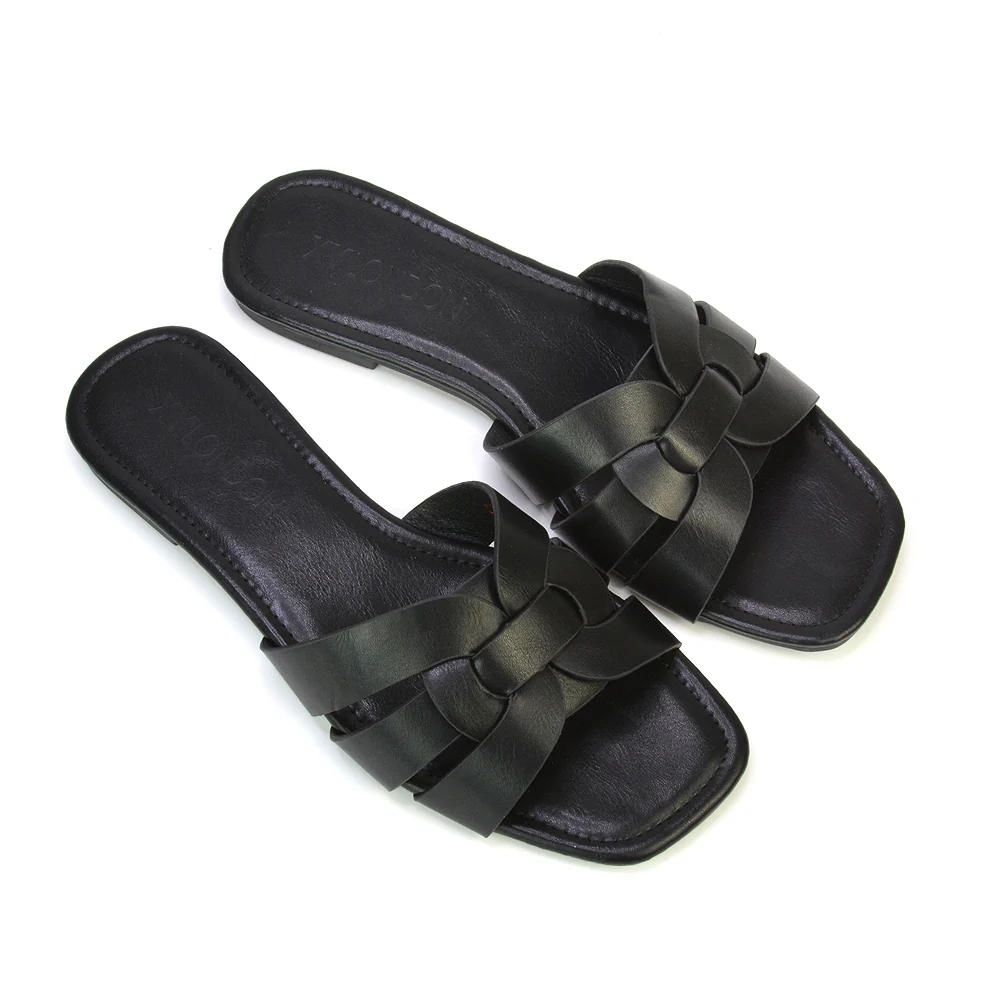 Luci Square Toe Strappy Slip On Flat Summer Holiday Sandals in Nude - Image 110