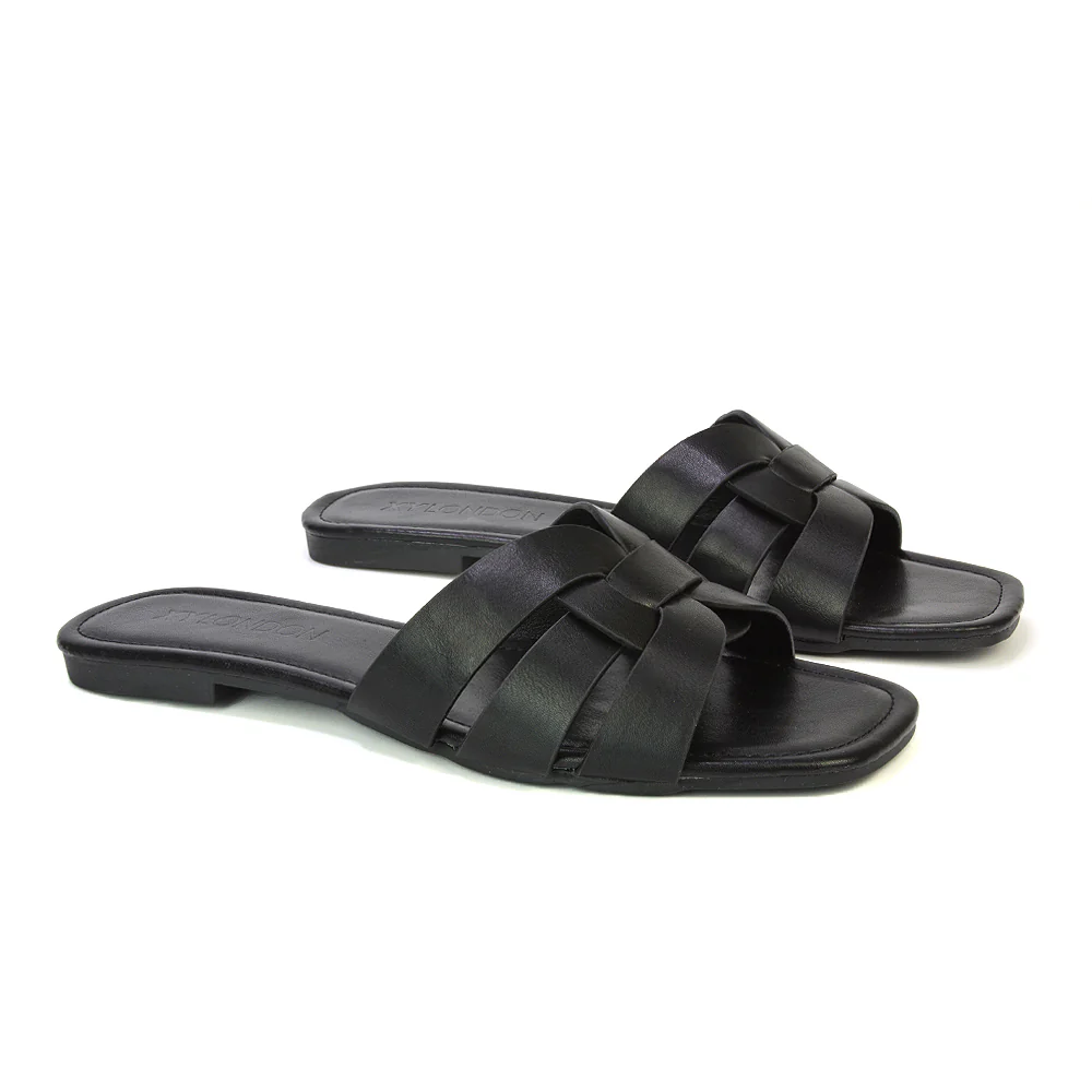 Luci Square Toe Strappy Slip On Flat Summer Holiday Sandals in Nude - Image 111