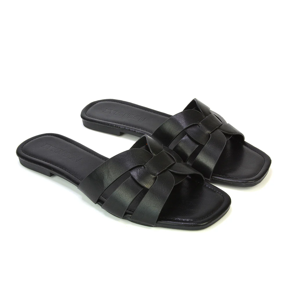 Luci Square Toe Strappy Slip On Flat Summer Holiday Sandals in Nude - Image 117