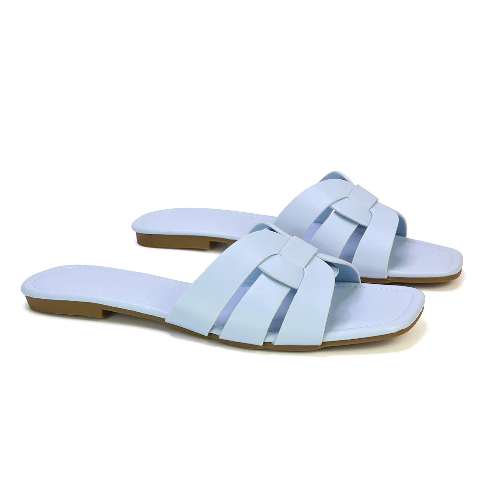 Luci Square Toe Strappy Slip On Flat Summer Holiday Sandals in Nude - Image 16