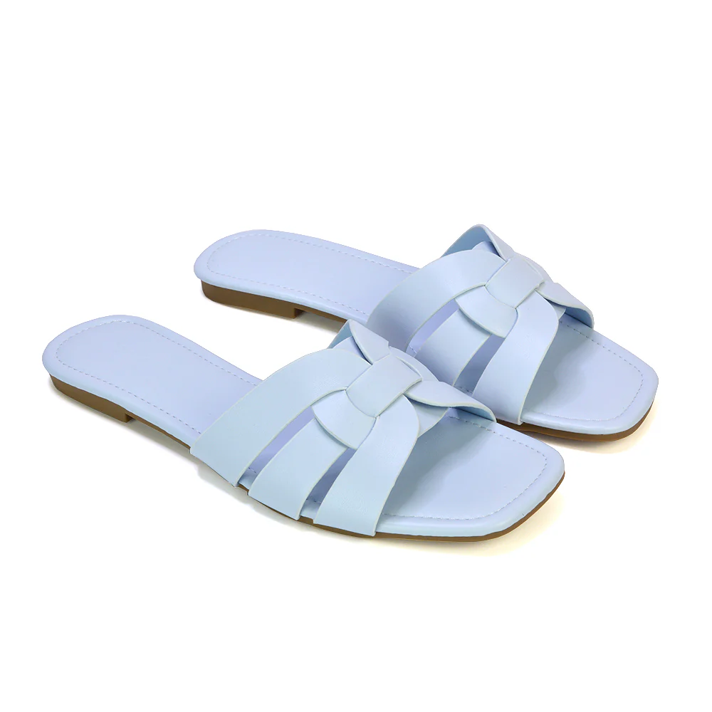 Luci Square Toe Strappy Slip On Flat Summer Holiday Sandals in Nude - Image 32