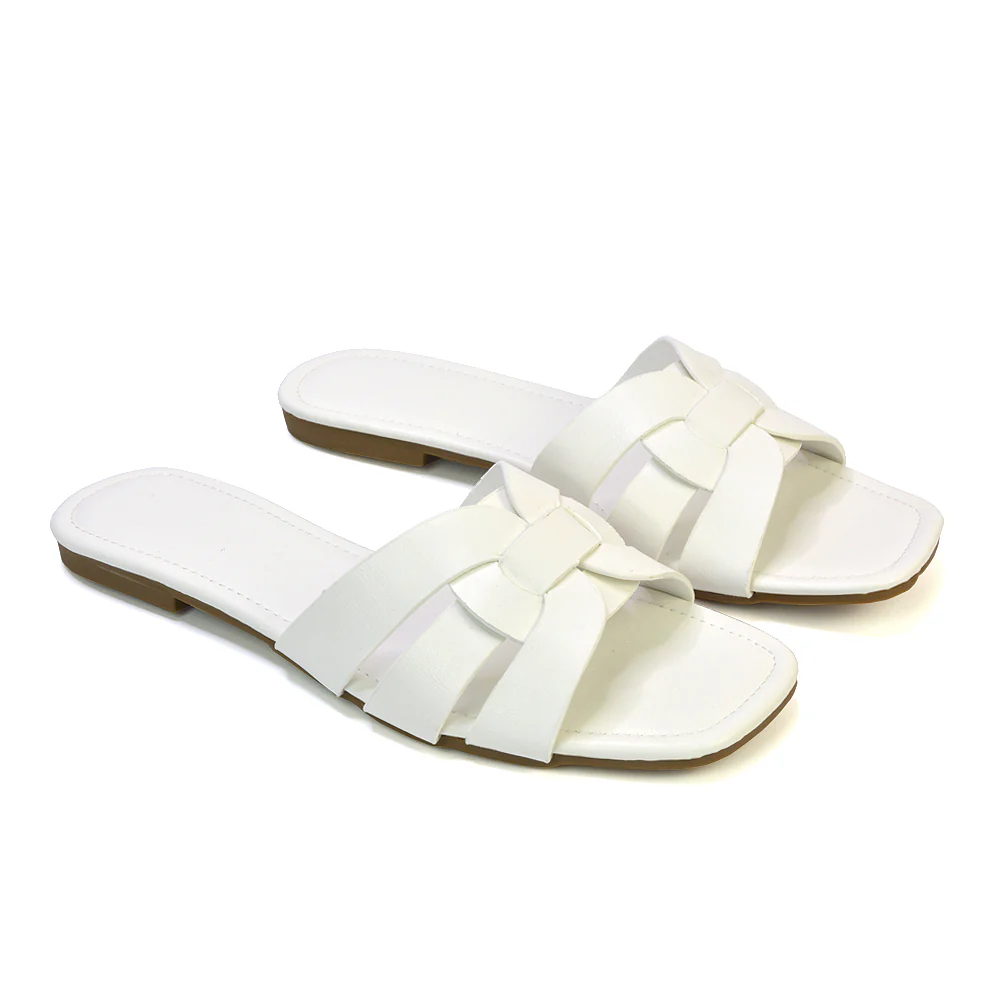 Luci Square Toe Strappy Slip On Flat Summer Holiday Sandals in Nude - Image 47