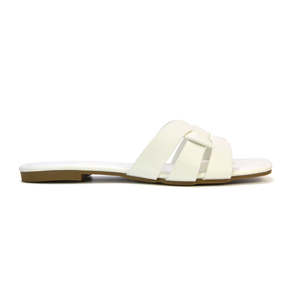 Luci Square Toe Strappy Slip On Flat Summer Holiday Sandals in Nude - Image 59
