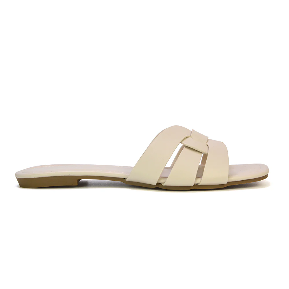 Luci Square Toe Strappy Slip On Flat Summer Holiday Sandals in Nude - Image 84
