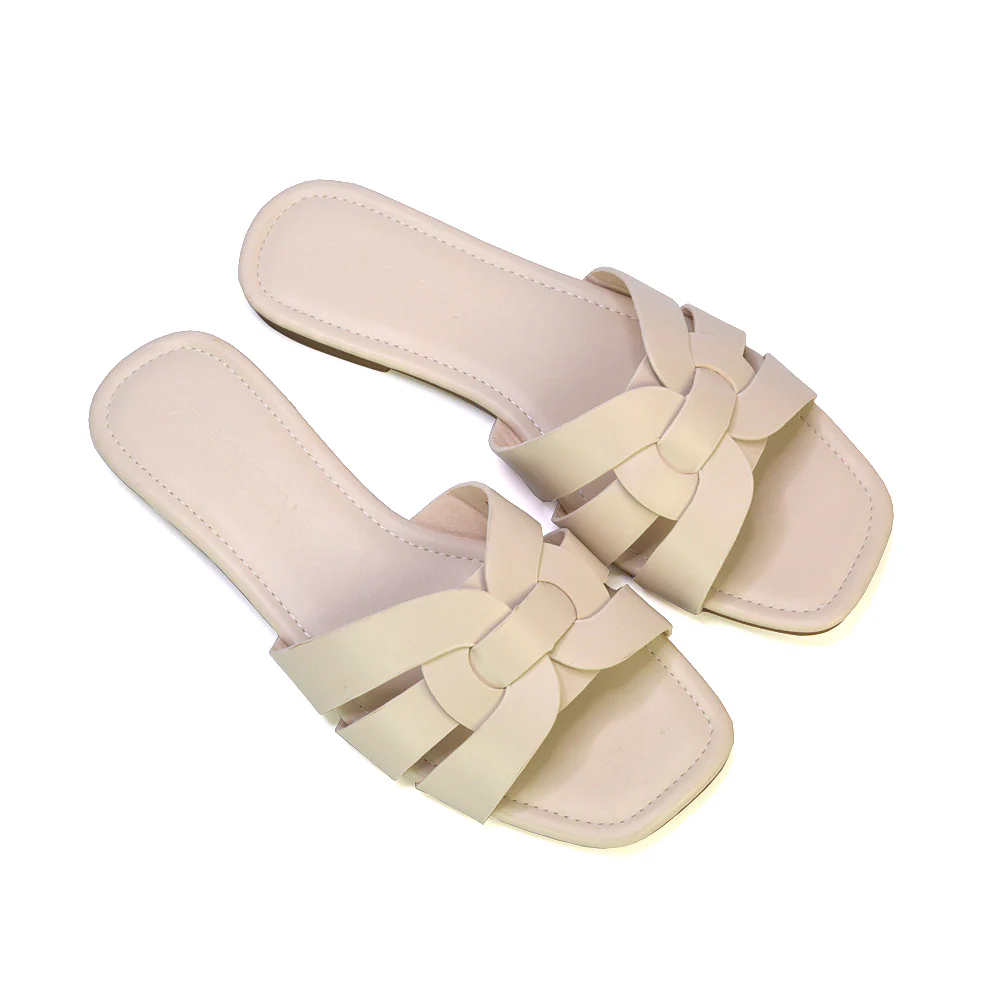 Luci Square Toe Strappy Slip On Flat Summer Holiday Sandals in Nude - Image 90