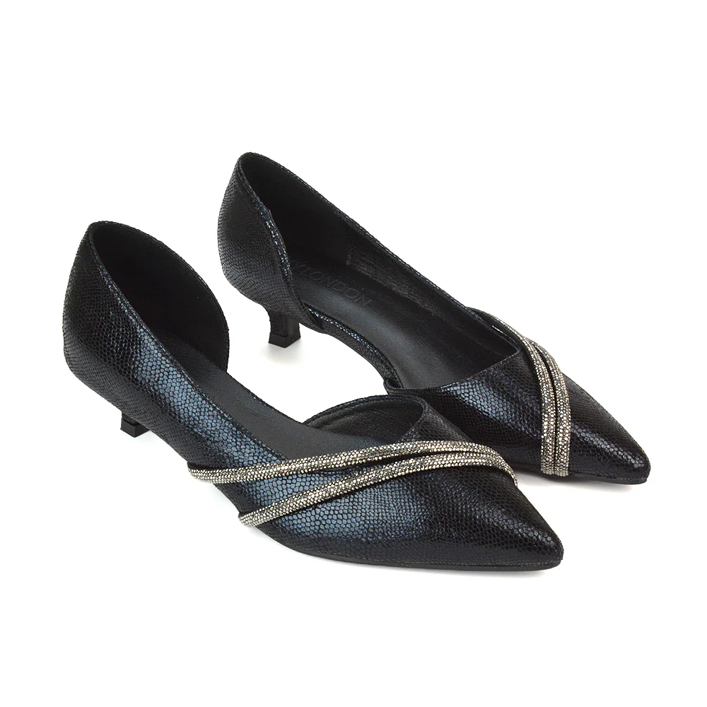 Lucie Low Kitten Heel Diamante Rhinestone Pointed Toe Court Heels in Black - Image 2