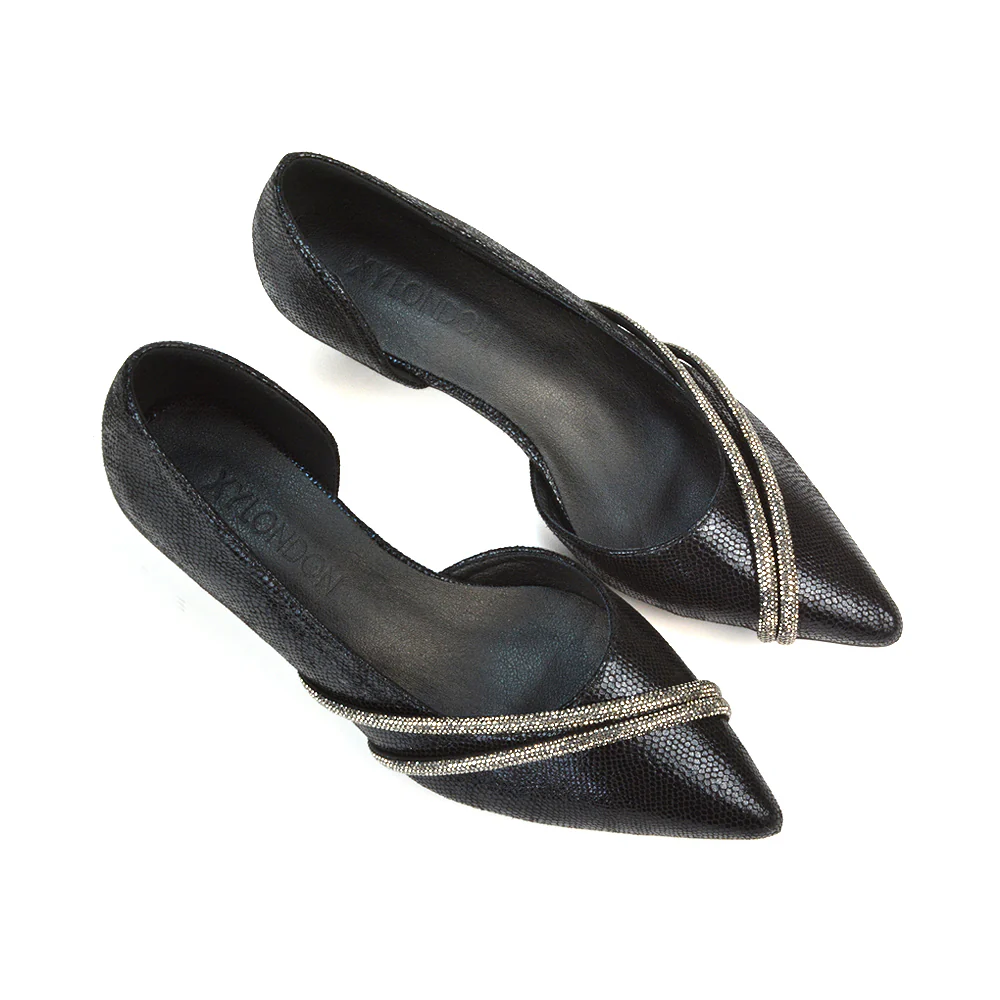 Lucie Low Kitten Heel Diamante Rhinestone Pointed Toe Court Heels in Black - Image 3