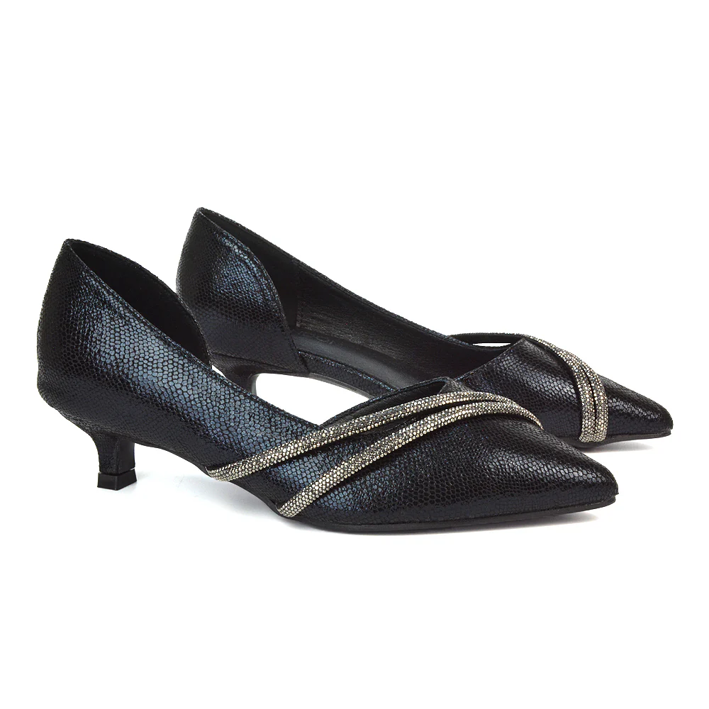 Lucie Low Kitten Heel Diamante Rhinestone Pointed Toe Court Heels in Black - Image 4