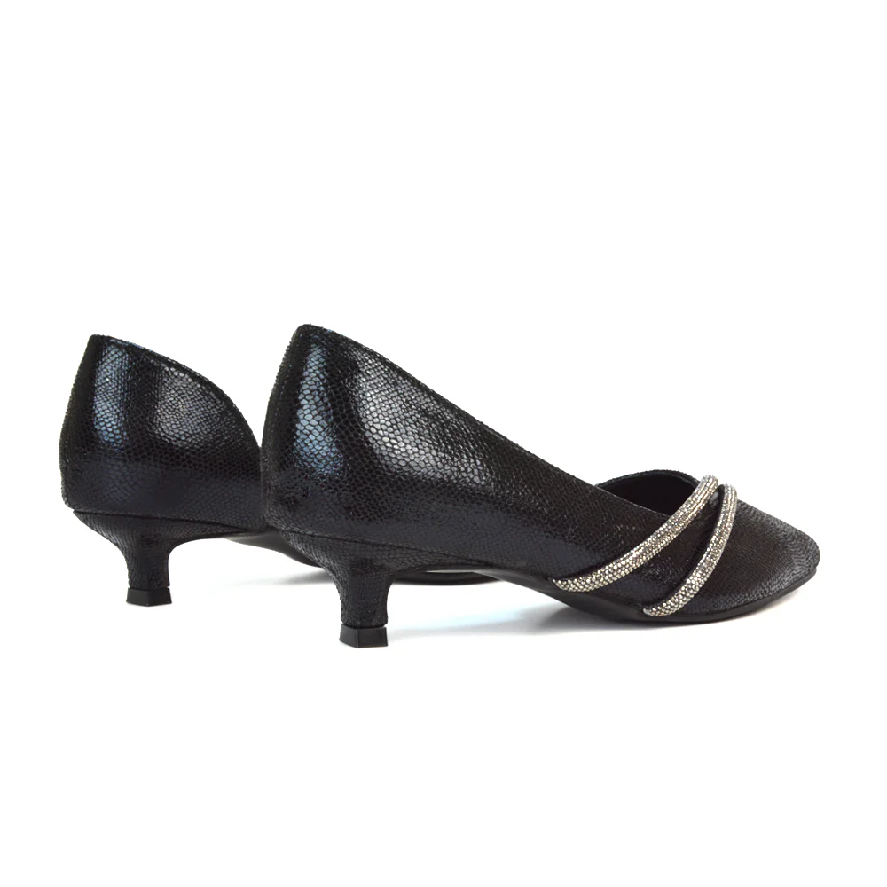 Lucie Low Kitten Heel Diamante Rhinestone Pointed Toe Court Heels in Black - Image 5