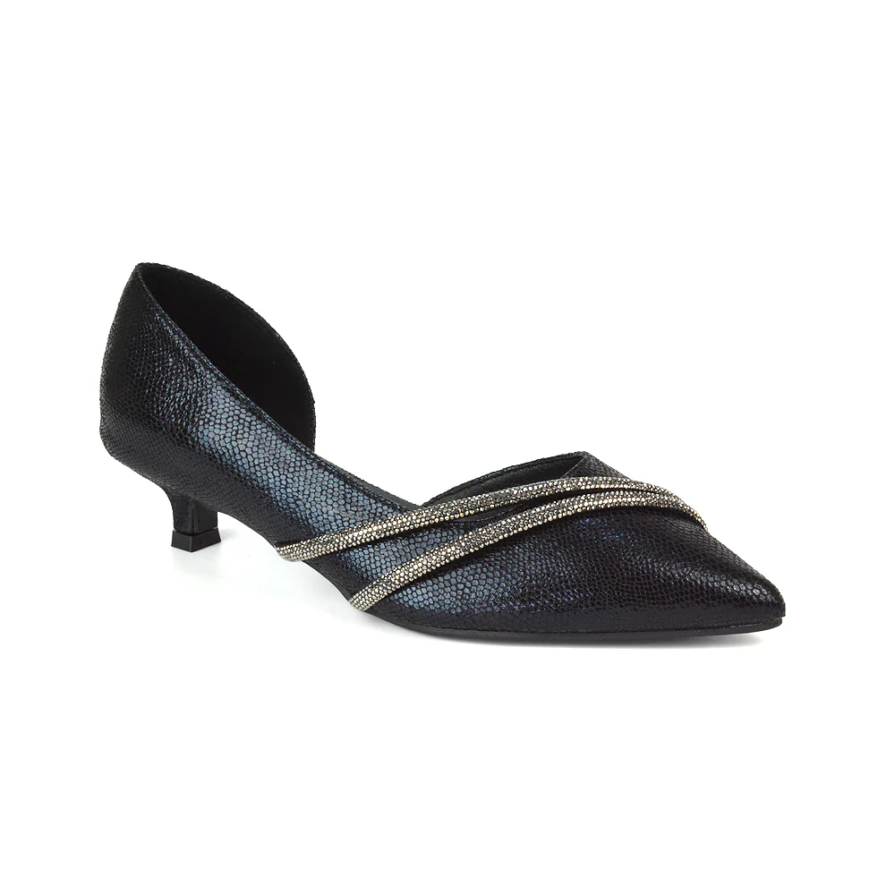 Lucie Low Kitten Heel Diamante Rhinestone Pointed Toe Court Heels in Black - Image 6