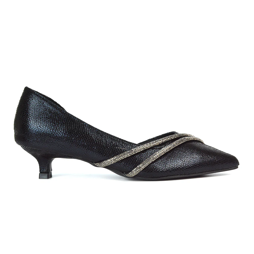 Lucie Low Kitten Heel Diamante Rhinestone Pointed Toe Court Heels in Gold - Image 8