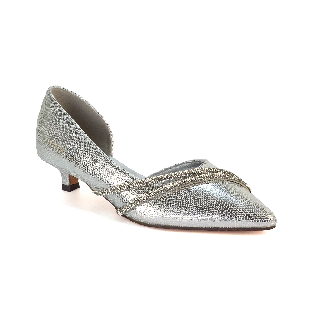 Lucie Low Kitten Heel Diamante Rhinestone Pointed Toe Court Heels in Silver - Image 5