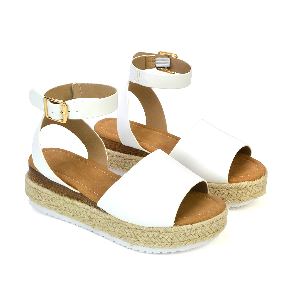 Lucile Ankle Buckle Strappy Flatform Espadrille Platform Sandals in White