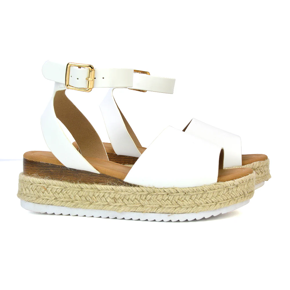 Lucile Ankle Buckle Strappy Flatform Espadrille Platform Sandals in White - Image 15