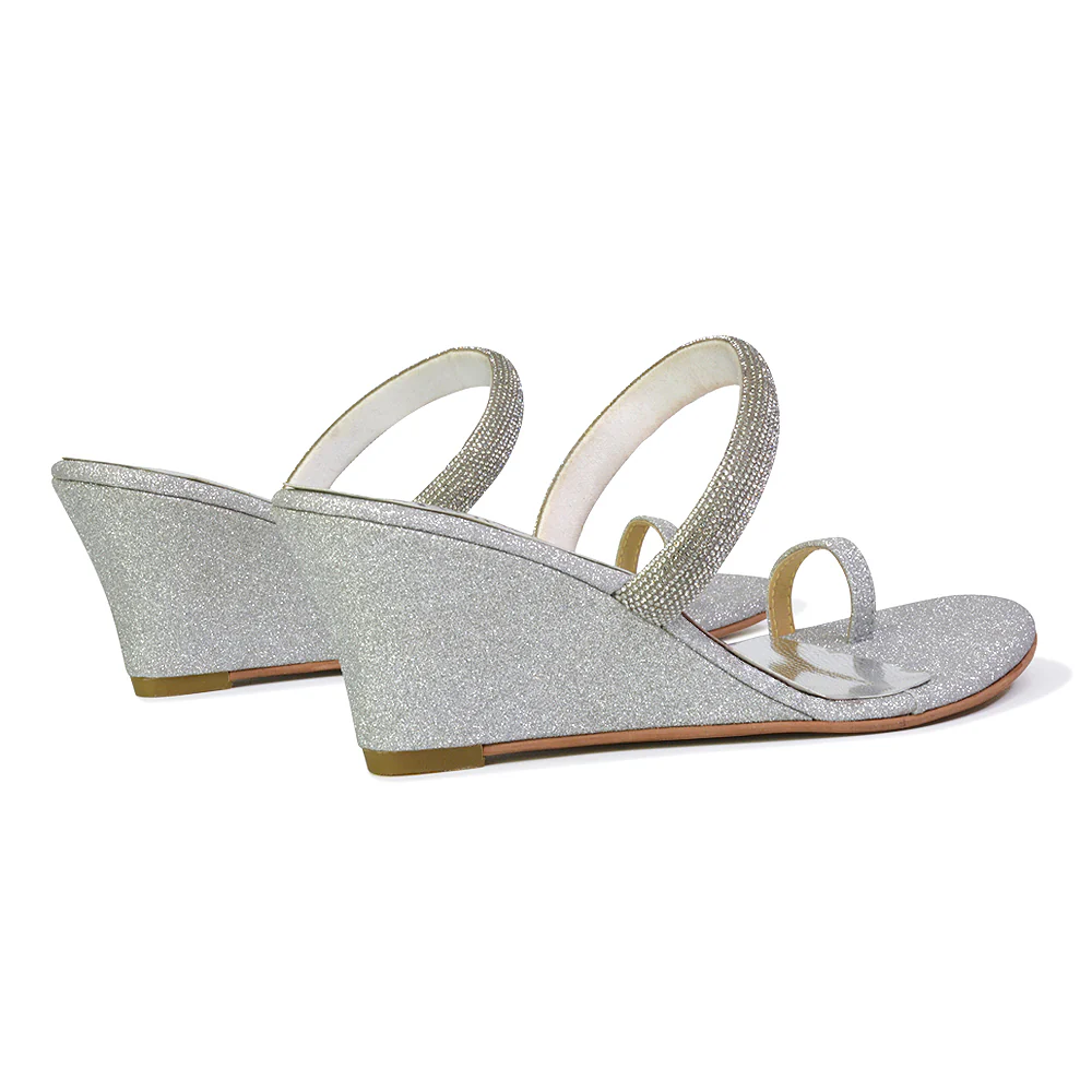 Lucille Slip On Strappy Sparkly Diamante Wedge Sandal Heels in Black - Image 14