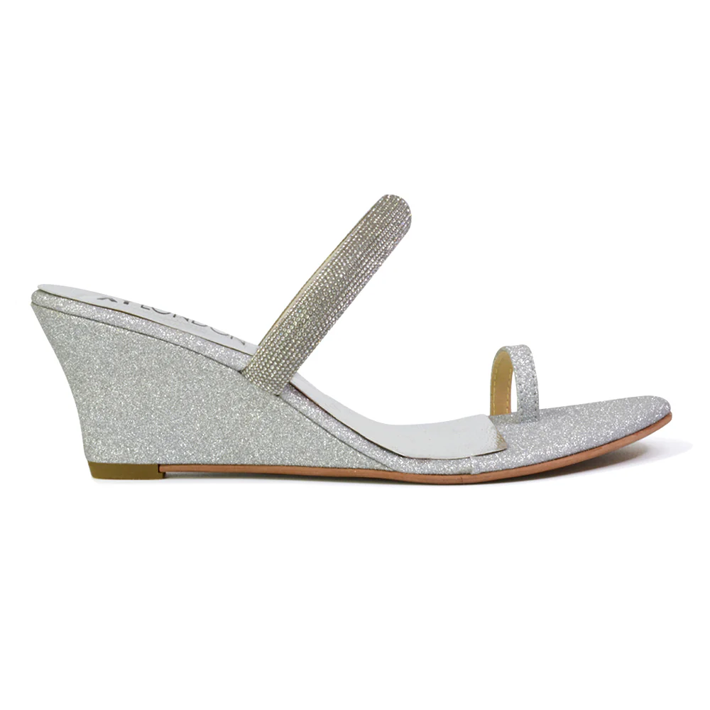 Lucille Slip On Strappy Sparkly Diamante Wedge Sandal Heels in Black - Image 23