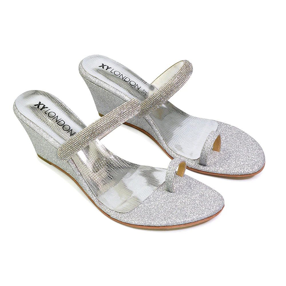 Lucille Slip On Strappy Sparkly Diamante Wedge Sandal Heels in Black - Image 41