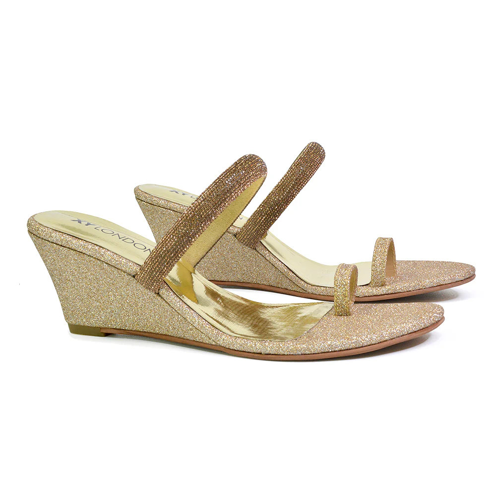 Lucille Slip On Strappy Sparkly Diamante Wedge Sandal Heels in Black - Image 73