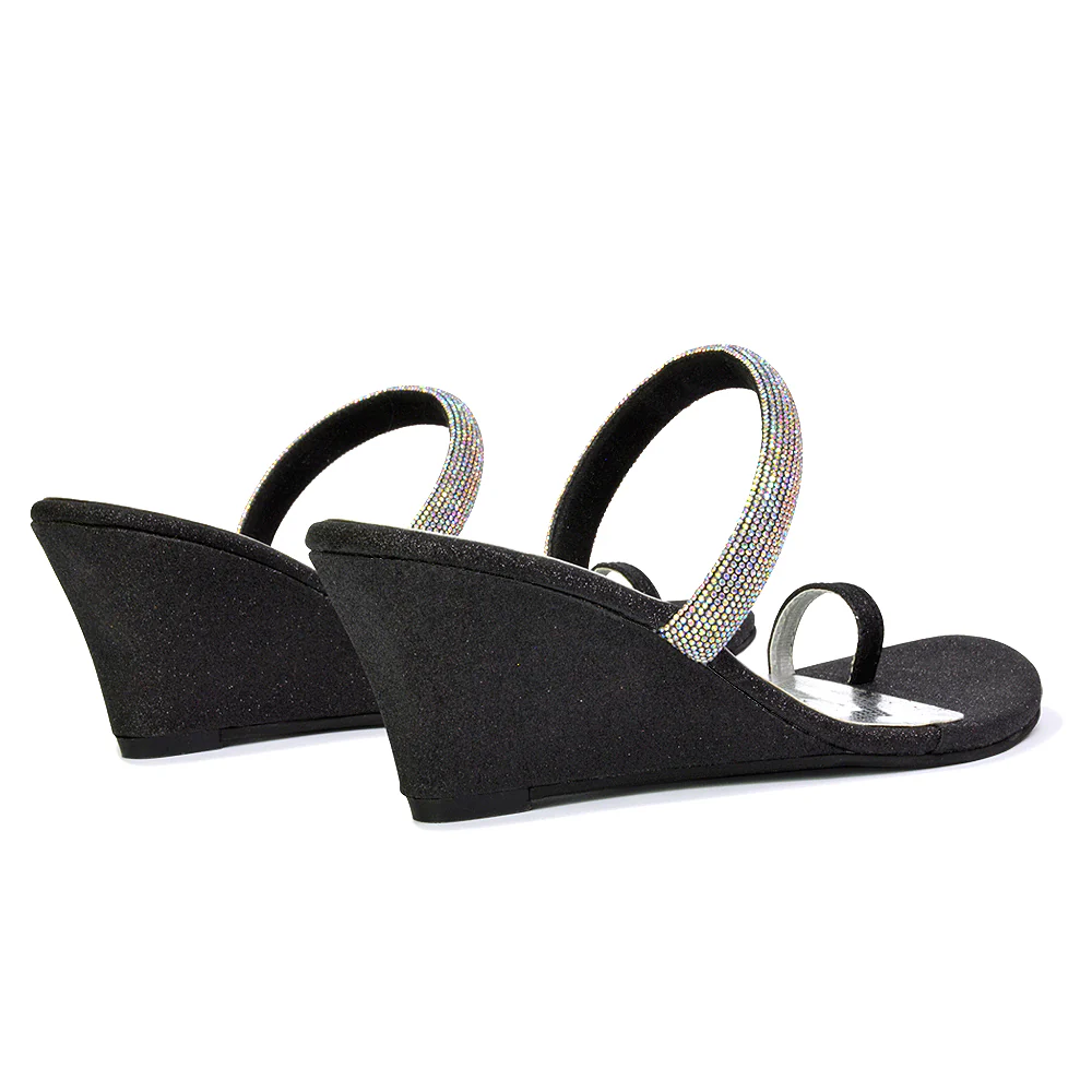 Lucille Slip On Strappy Sparkly Diamante Wedge Sandal Heels in Black - Image 84