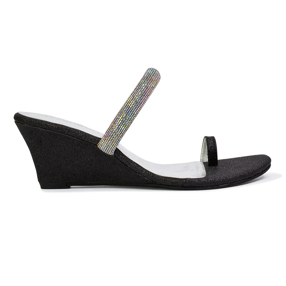 Lucille Slip On Strappy Sparkly Diamante Wedge Sandal Heels in Gold - Image 101
