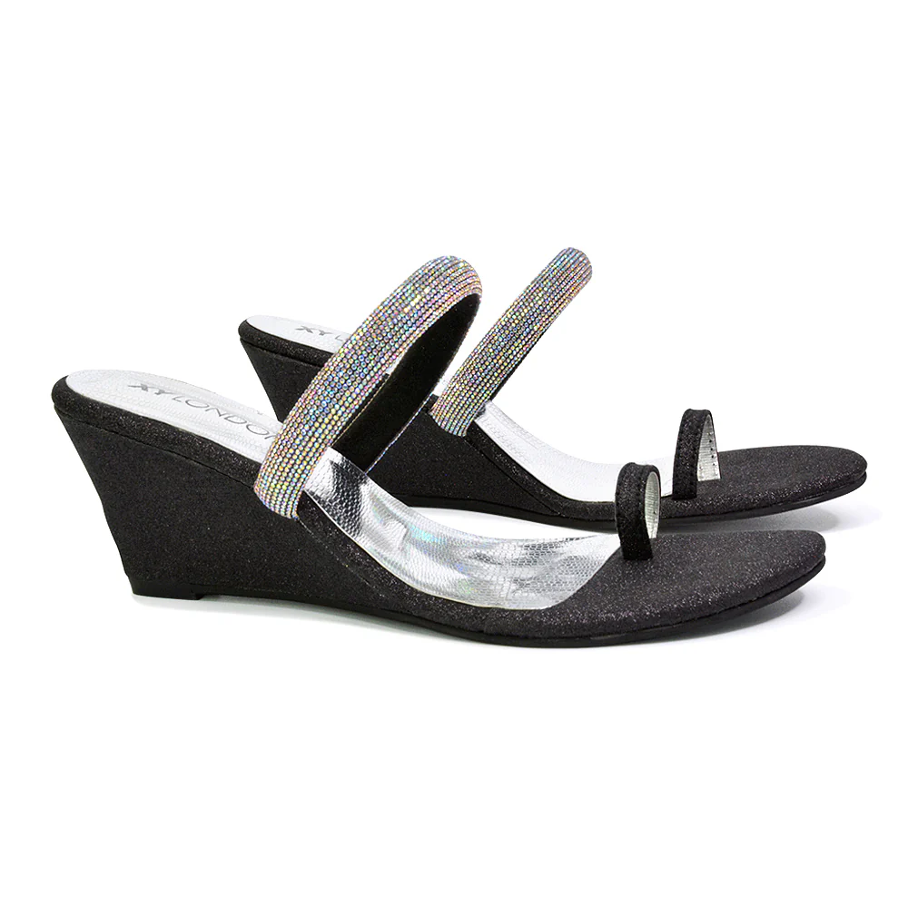 Lucille Slip On Strappy Sparkly Diamante Wedge Sandal Heels in Gold - Image 105