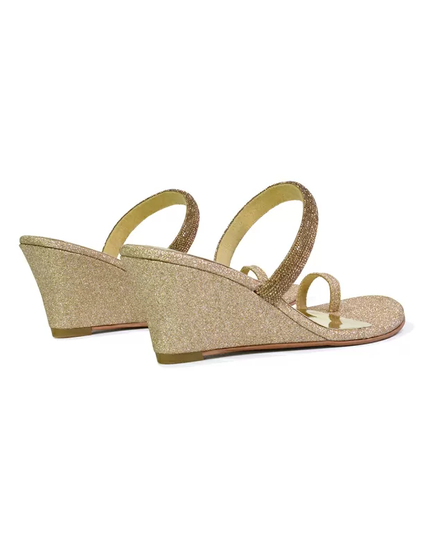 Lucille Slip On Strappy Sparkly Diamante Wedge Sandal Heels in Gold - Image 3