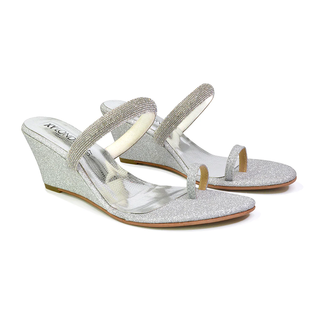 Lucille Slip On Strappy Sparkly Diamante Wedge Sandal Heels in Gold - Image 43