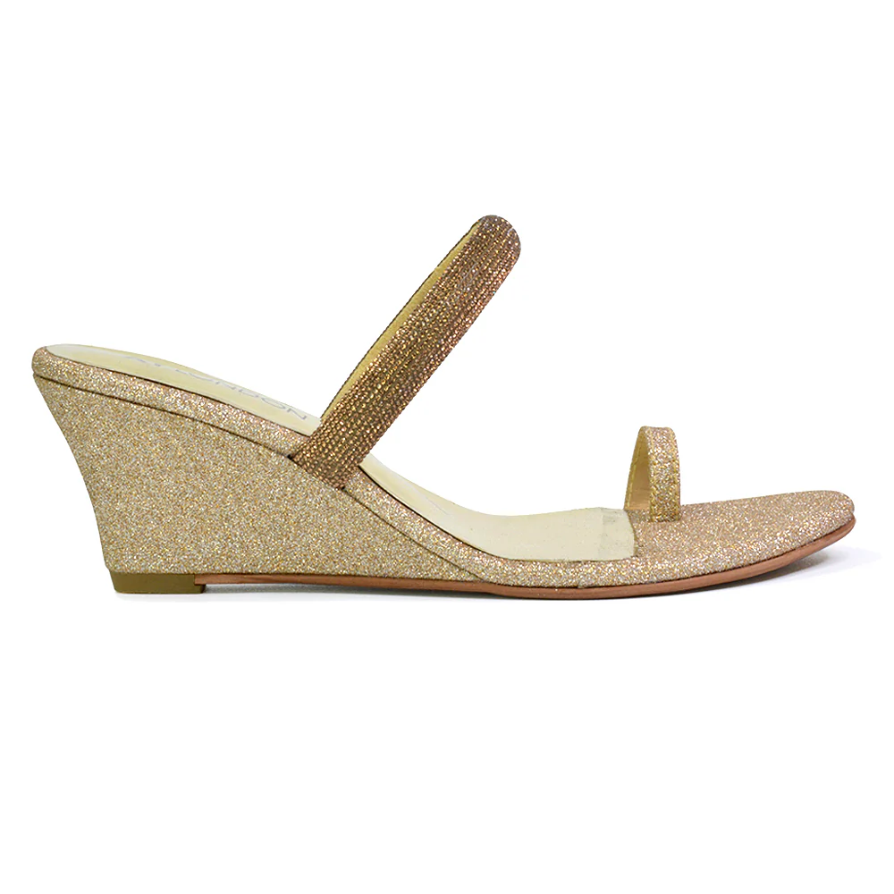 Lucille Slip On Strappy Sparkly Diamante Wedge Sandal Heels in Gold - Image 47