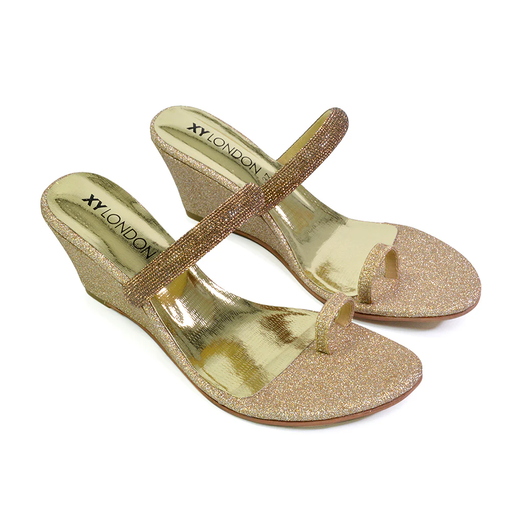 Lucille Slip On Strappy Sparkly Diamante Wedge Sandal Heels in Gold - Image 60