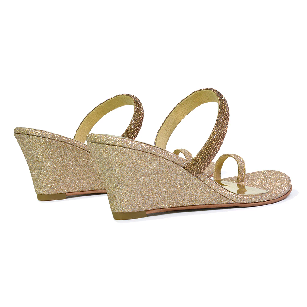 Lucille Slip On Strappy Sparkly Diamante Wedge Sandal Heels in Gold - Image 68