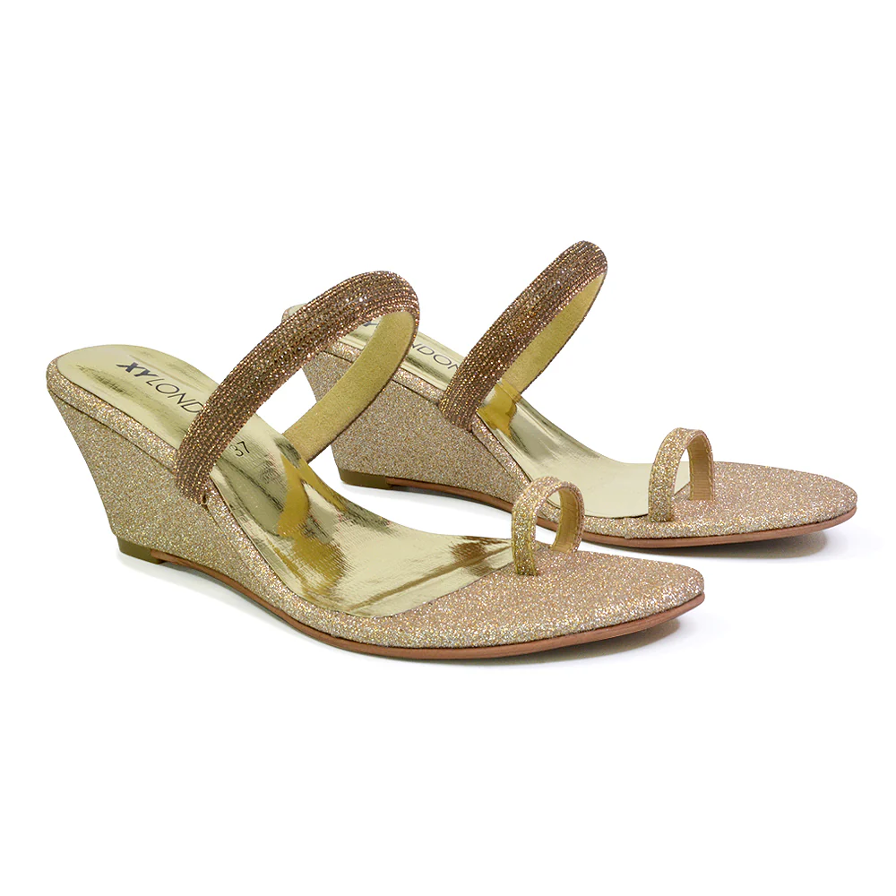 Lucille Slip On Strappy Sparkly Diamante Wedge Sandal Heels in Gold - Image 73