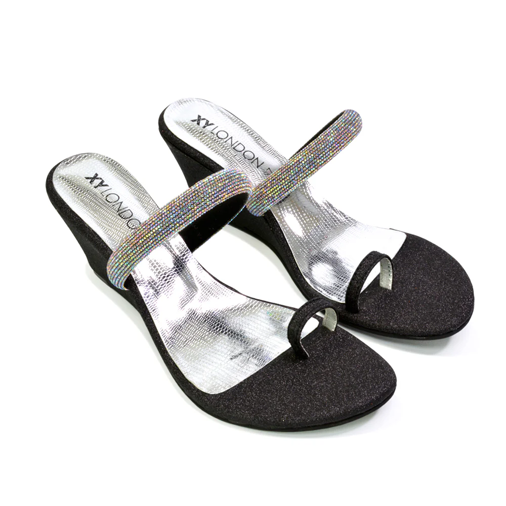 Lucille Slip On Strappy Sparkly Diamante Wedge Sandal Heels in Gold - Image 84