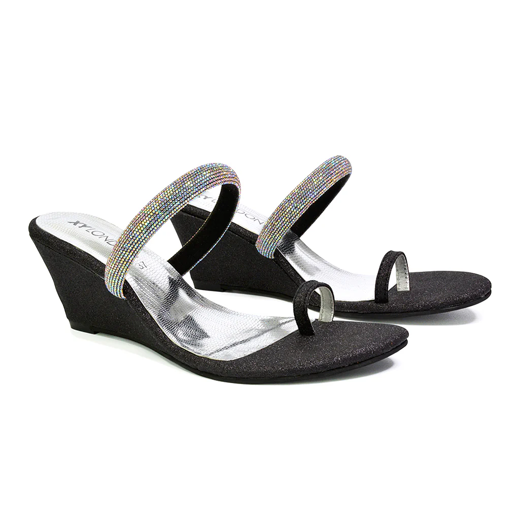 Lucille Slip On Strappy Sparkly Diamante Wedge Sandal Heels in Gold - Image 97