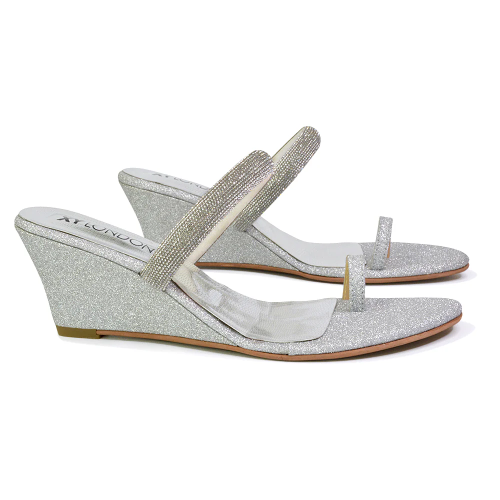 Lucille Slip On Strappy Sparkly Diamante Wedge Sandal Heels in Silver - Image 39