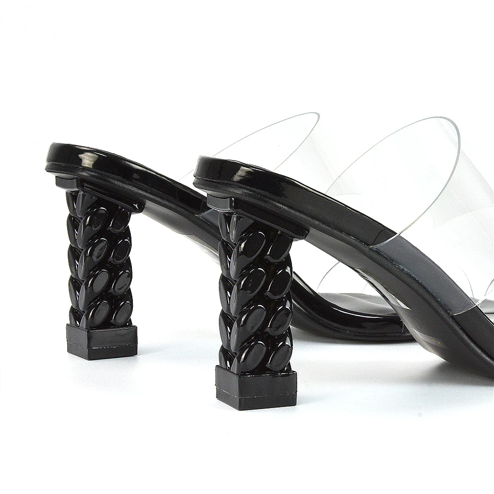 Lucky Square Toe Clear Strap Knot Detail Mid-Block Heel Sandal Mules in Black - Image 73