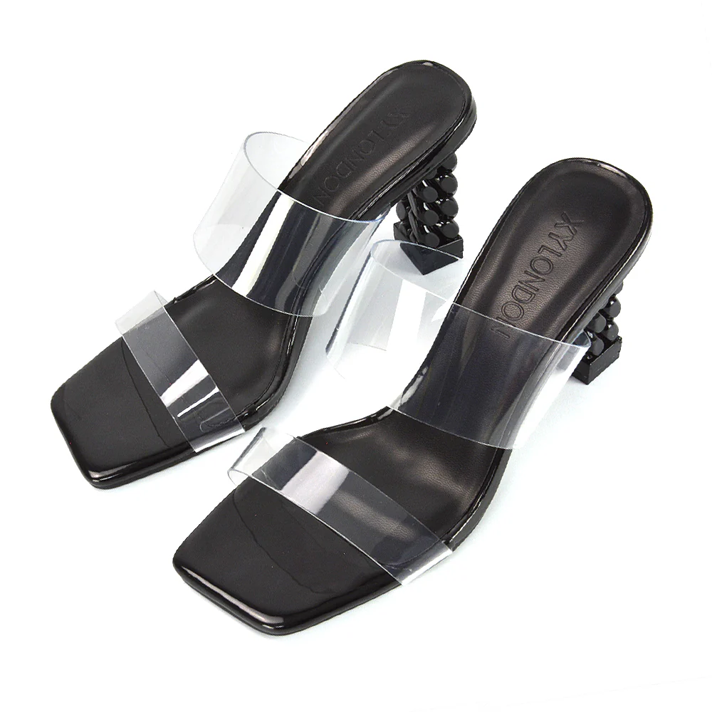 Lucky Square Toe Clear Strap Knot Detail Mid-Block Heel Sandal Mules in Black - Image 86