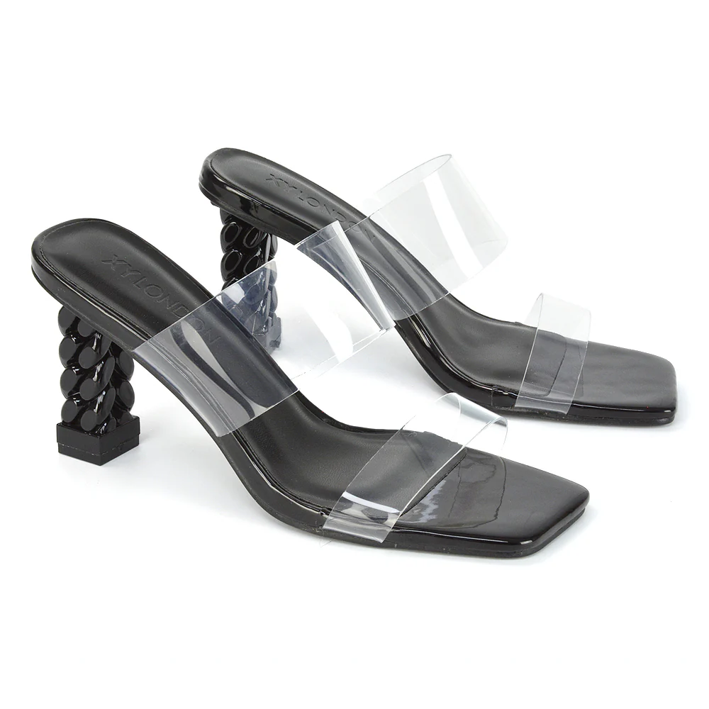 Lucky Square Toe Clear Strap Knot Detail Mid-Block Heel Sandal Mules in Black - Image 92