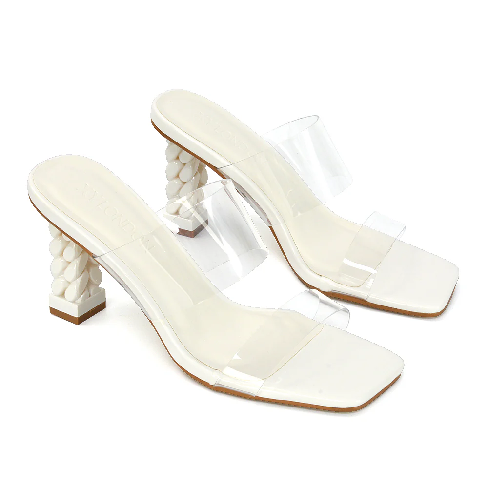 Lucky Square Toe Clear Strap Knot Detail Mid-Block Heel Sandal Mules in Pink - Image 12